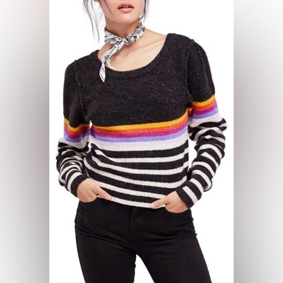 Free People Complete Me Striped Pullover in Black multicolor size S oversized - Picture 2 of 12